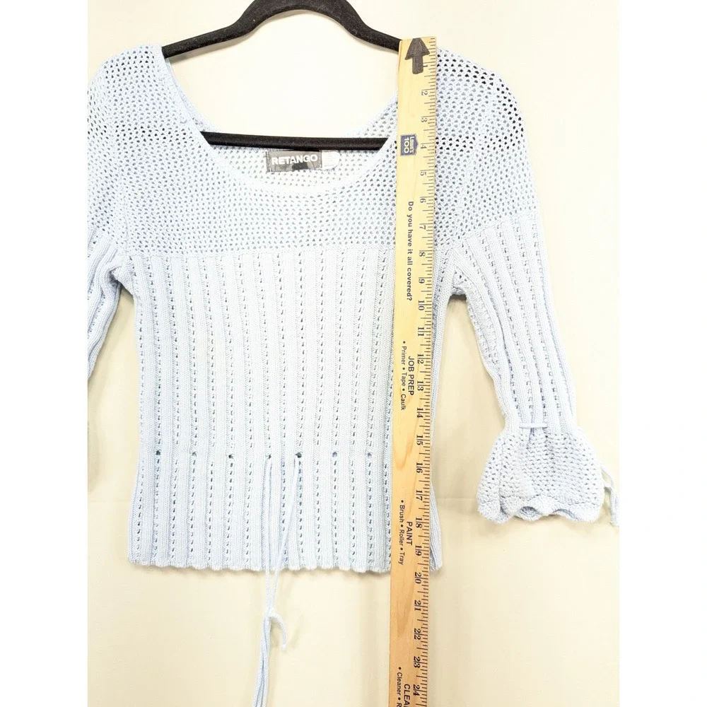 Retango Knit Sweater Blue Medium Drawstring Tie Bell Sleeve Cropped‎ Cotton